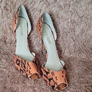 Colin Stuart Orange Snakeskin Peep-Toe Heels